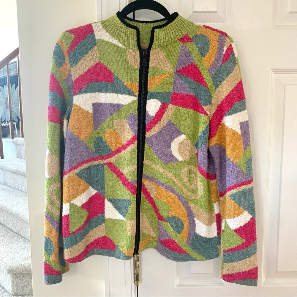 Funky Vintage 90s Multi-Color Pink, Green & Purple Mockneck Zip Cardigan